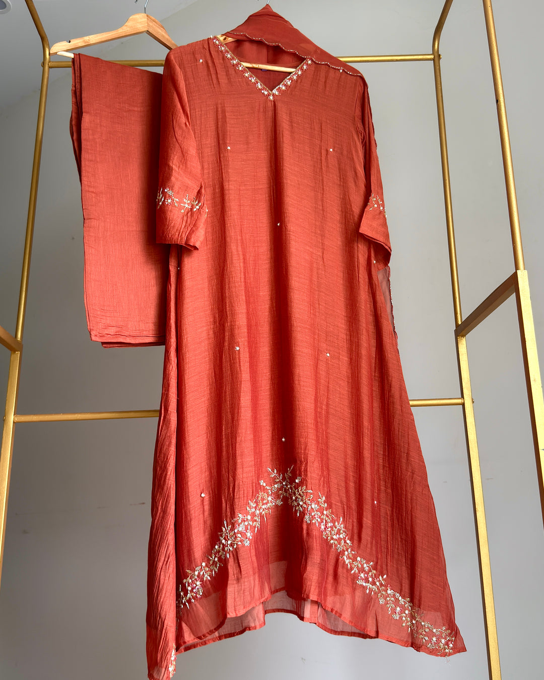 Pure Banaras Chanderi Terracotta Rust Daman Suit