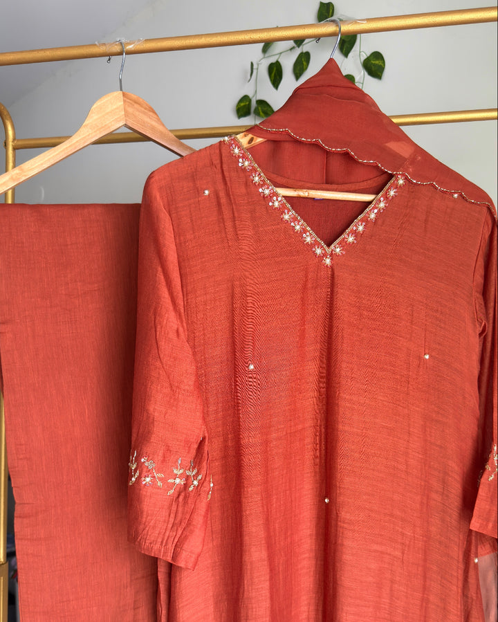 Pure Banaras Chanderi Terracotta Rust Daman Suit