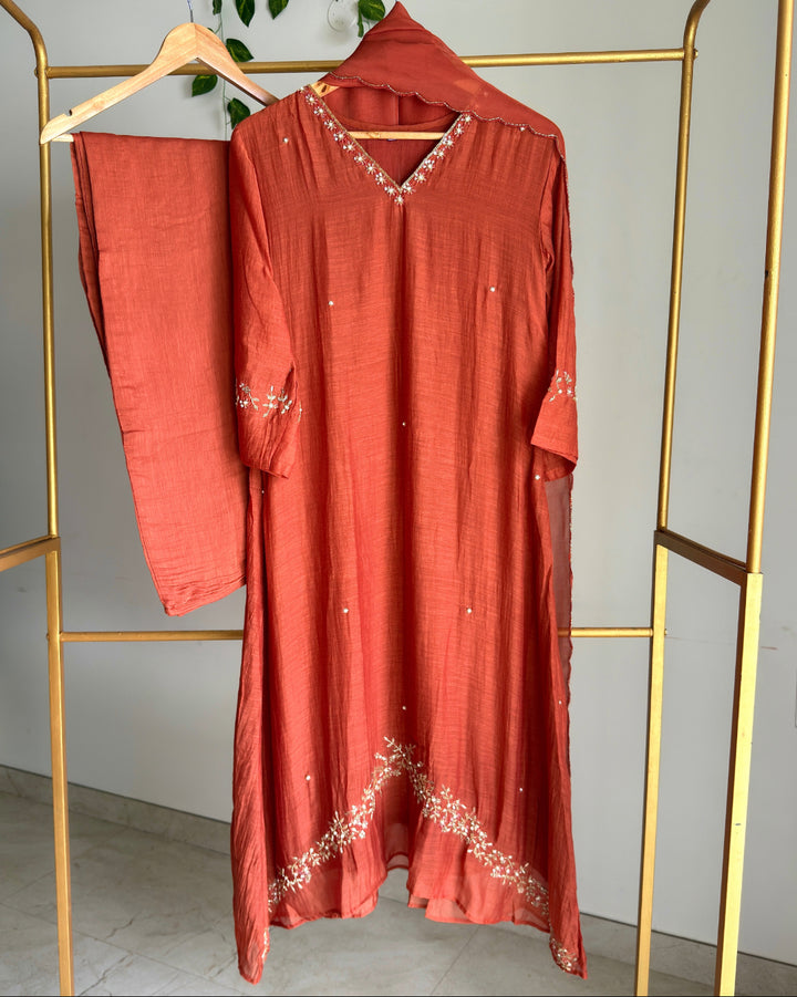 Pure Banaras Chanderi Terracotta Rust Daman Suit