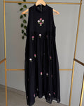 Pure Banaras Chanderi Black Sleeveless Frock With Floral Bullion Work