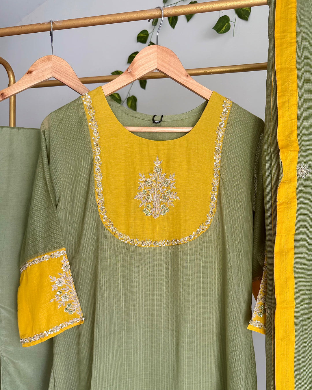 Sage Olive Green Pure Mul Kota Zardosi Embroidered Suit