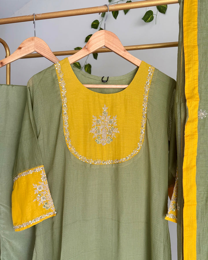 Sage Olive Green Pure Mul Kota Zardosi Embroidered Suit
