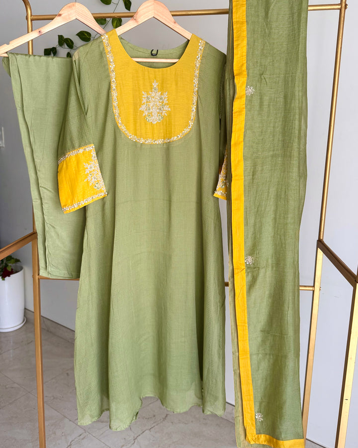Sage Olive Green Pure Mul Kota Zardosi Embroidered Suit
