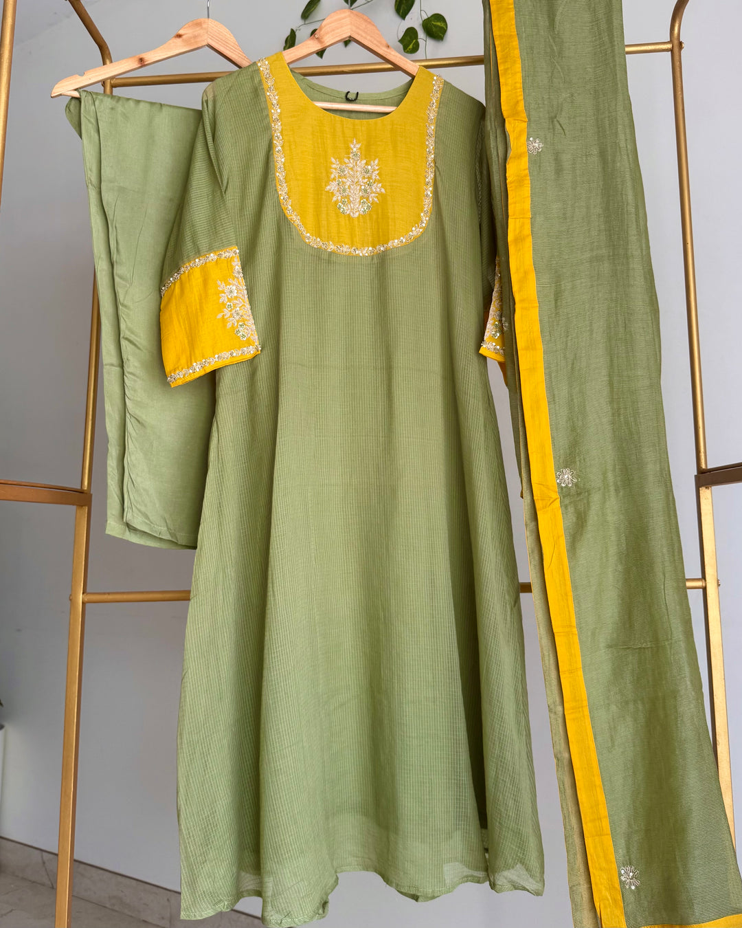Sage Olive Green Pure Mul Kota Zardosi Embroidered Suit