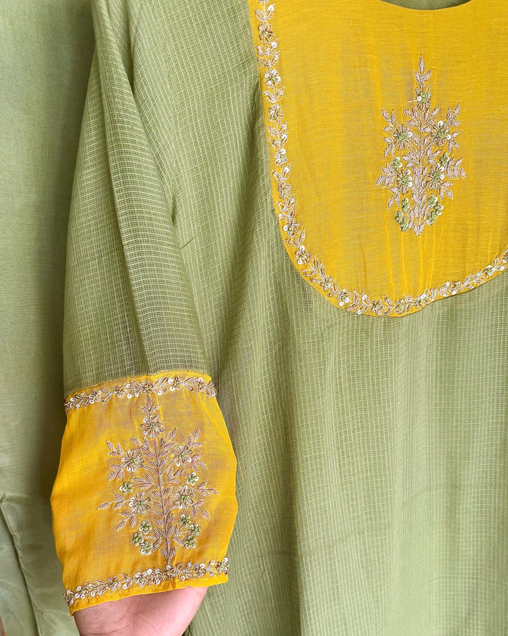 Sage Olive Green Pure Mul Kota Zardosi Embroidered Suit