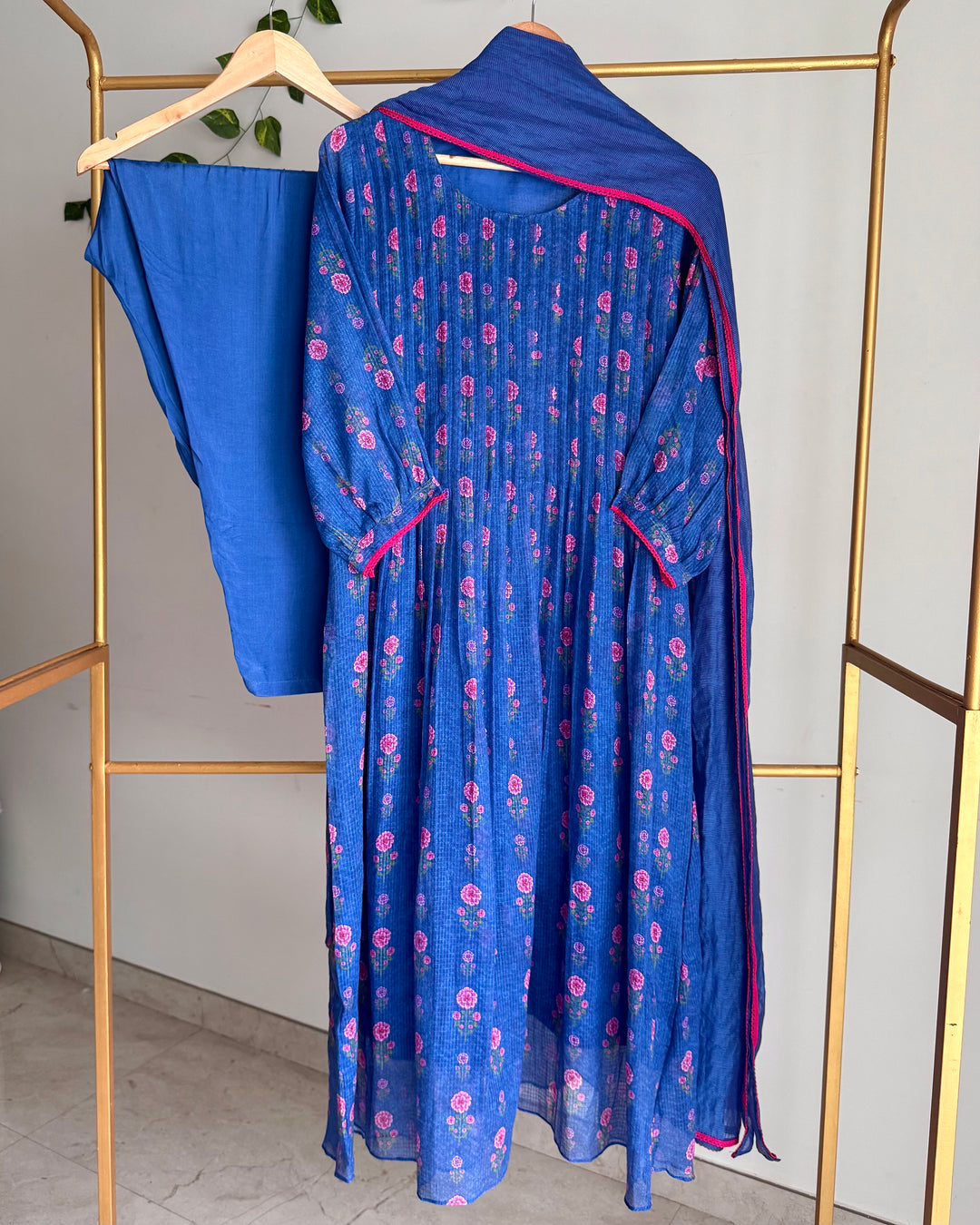 Deep Cornflower Blue Premium Cotton Kota Pleated Suit