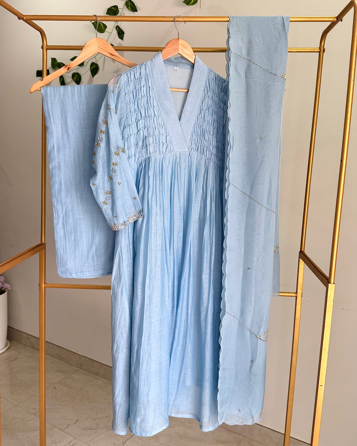Pure Banaras Chanderi Powder Blue Smoky Embroidered Suit