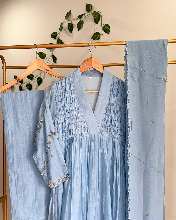 Pure Banaras Chanderi Powder Blue Smoky Embroidered Suit