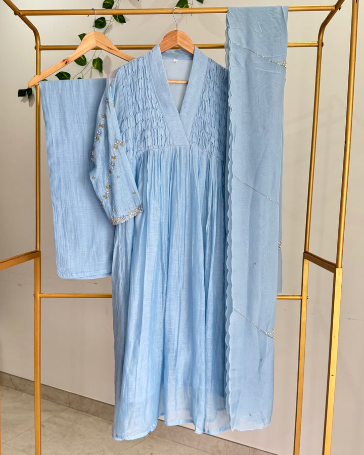 Pure Banaras Chanderi Powder Blue Smoky Embroidered Suit