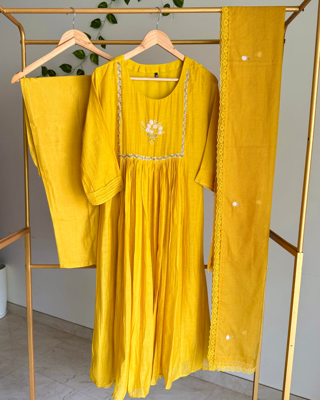 Turmeric Yellow Banaras Chanderi Floral Handwork Suit