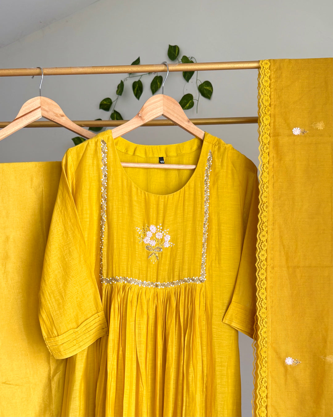 Turmeric Yellow Banaras Chanderi Floral Handwork Suit