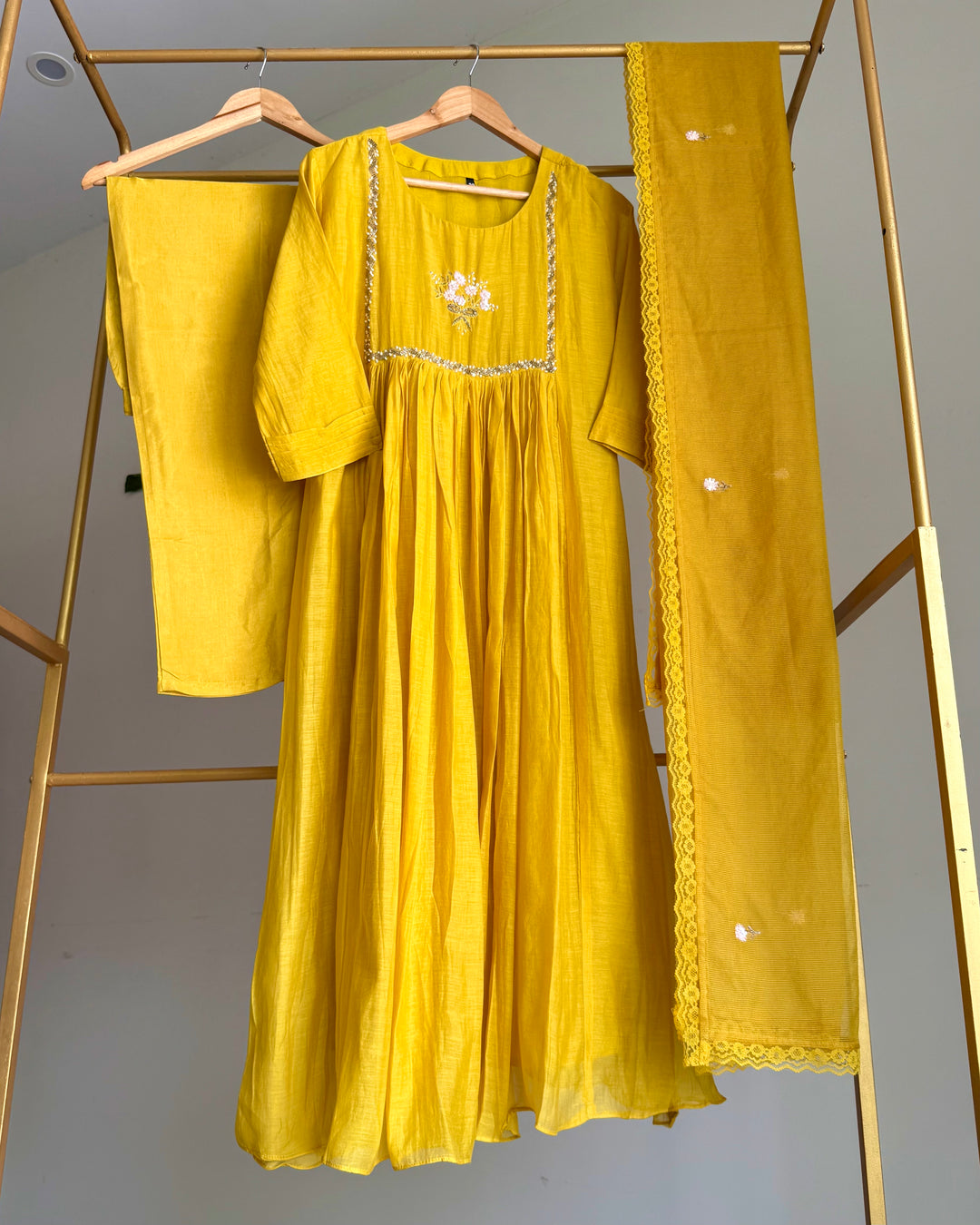 Turmeric Yellow Banaras Chanderi Floral Handwork Suit