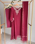 Wine Burgundy Pure Banaras Chanderi Embroidered A-Line Suit