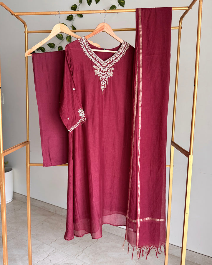 Wine Burgundy Pure Banaras Chanderi Embroidered A-Line Suit