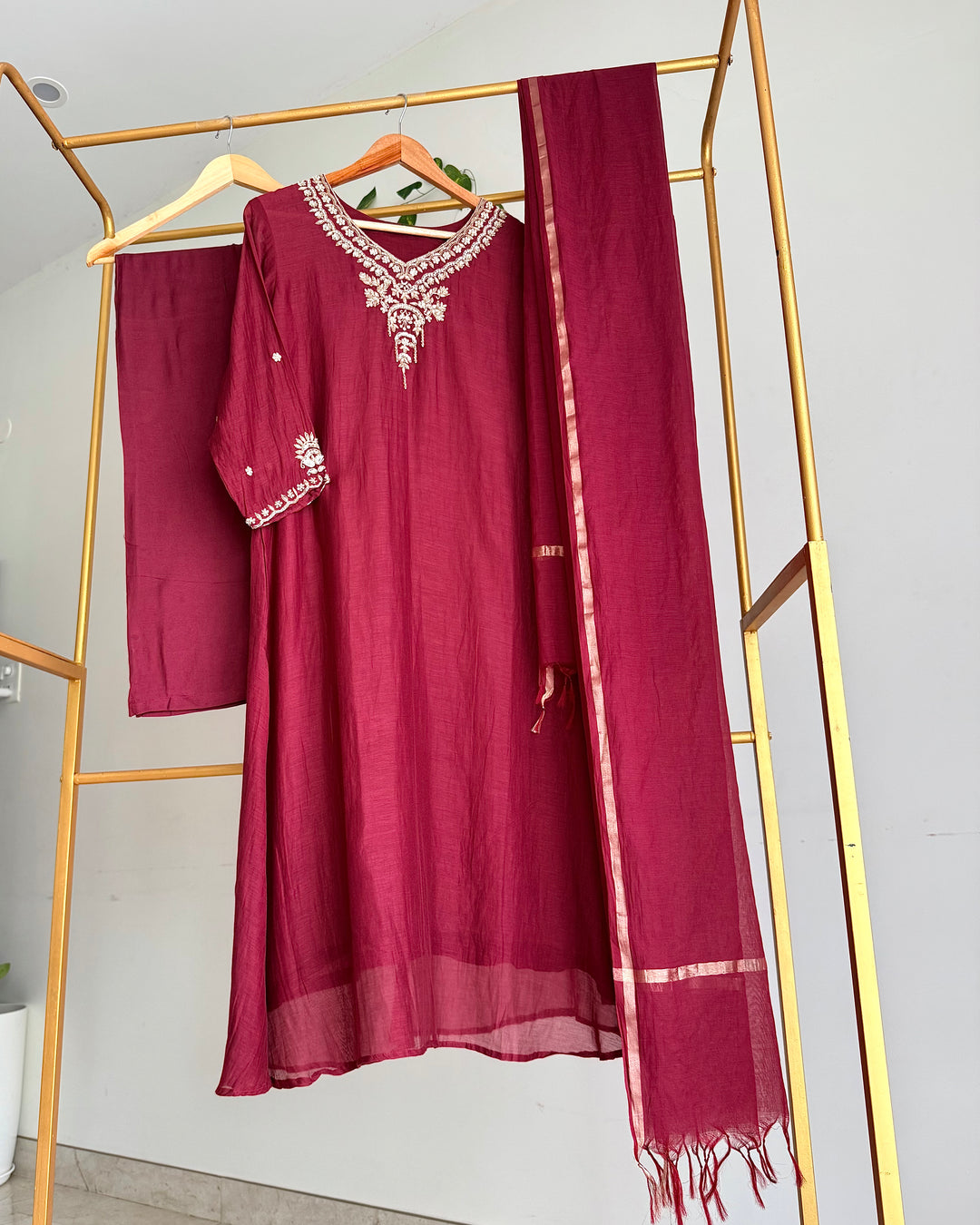 Wine Burgundy Pure Banaras Chanderi Embroidered A-Line Suit