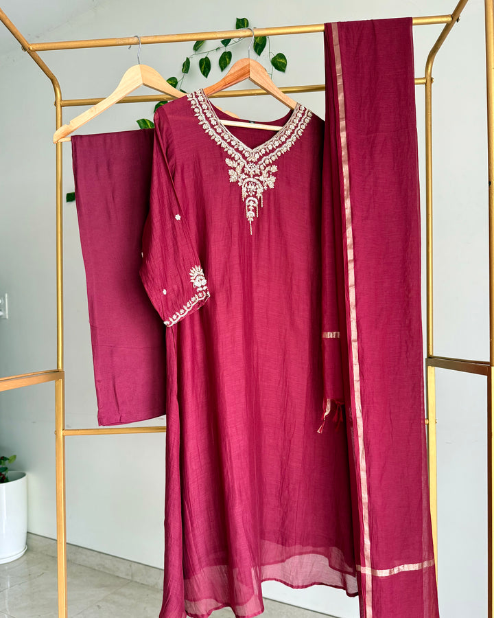 Wine Burgundy Pure Banaras Chanderi Embroidered A-Line Suit