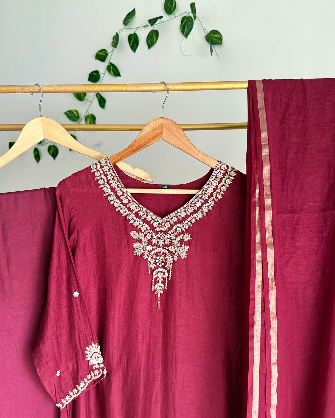Wine Burgundy Pure Banaras Chanderi Embroidered A-Line Suit