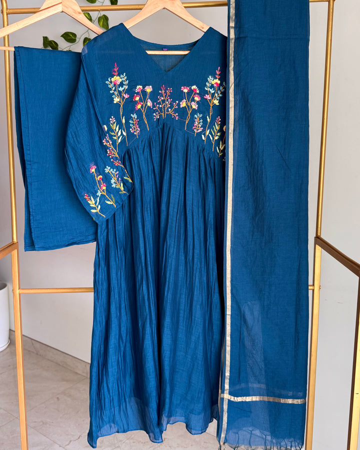 Pure Banaras Chanderi Deep Teal Blue Bullion Work Suit