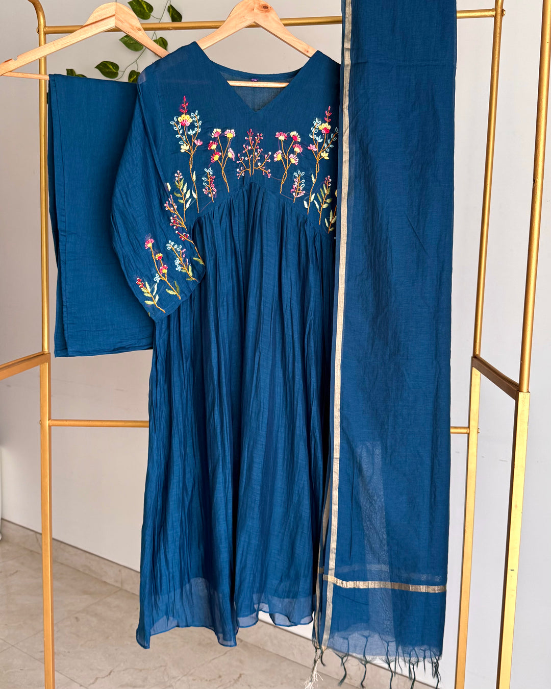 Pure Banaras Chanderi Deep Teal Blue Bullion Work Suit