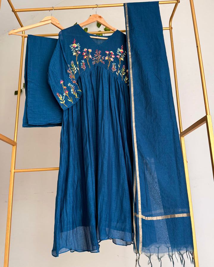 Pure Banaras Chanderi Deep Teal Blue Bullion Work Suit