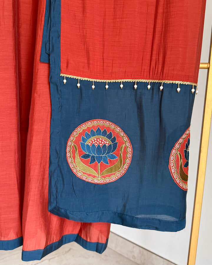 Silk Burnt Terracotta &amp; Teal Blue Lotus Embroidery Sleeveless Aline Suit