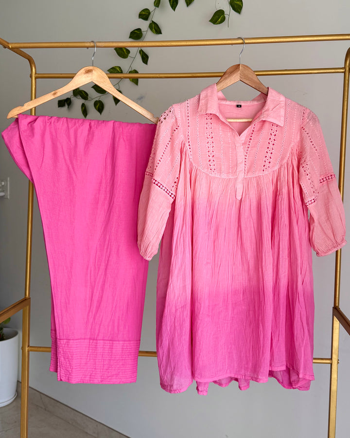 Rose Pink Ombre Mul Cotton Schiffli Coord Set with Farshi Pants