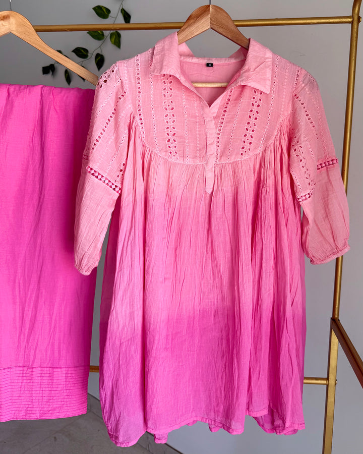 Rose Pink Ombre Mul Cotton Schiffli Coord Set with Farshi Pants