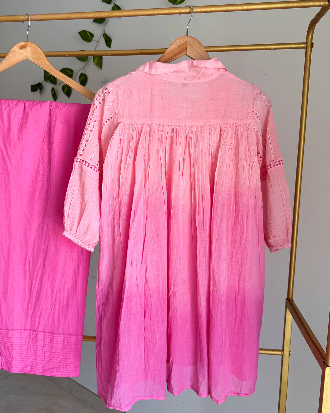 Rose Pink Ombre Mul Cotton Schiffli Coord Set with Farshi Pants
