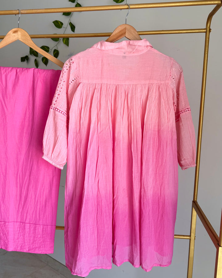 Rose Pink Ombre Mul Cotton Schiffli Coord Set with Farshi Pants