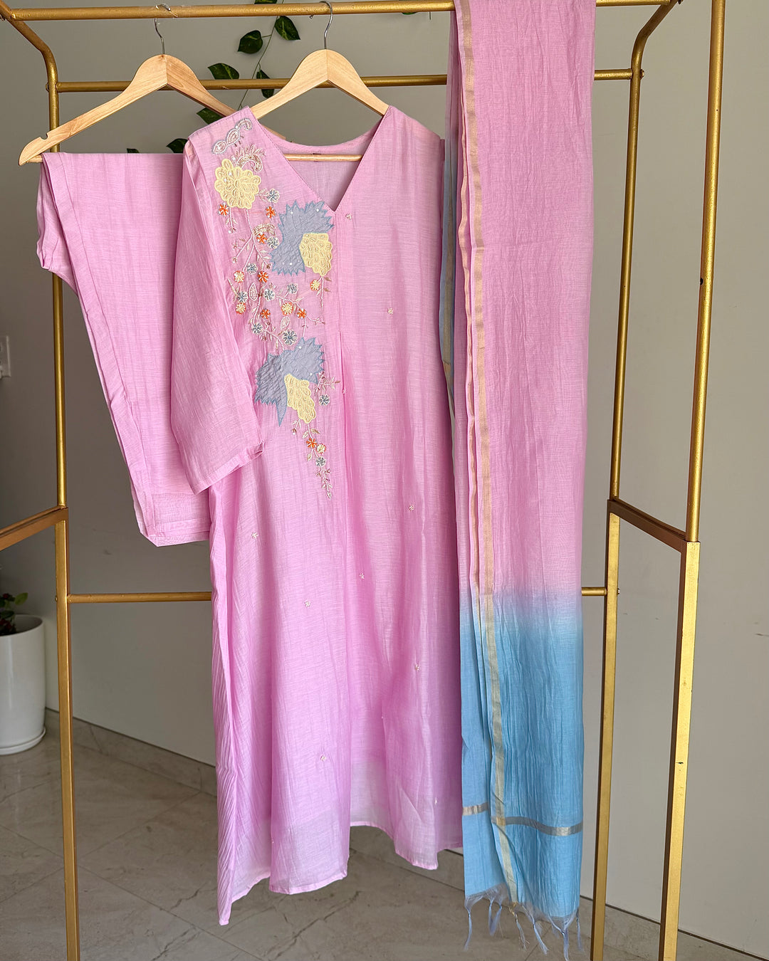 Pure Banaras Chanderi Pink A-Line Suit Set