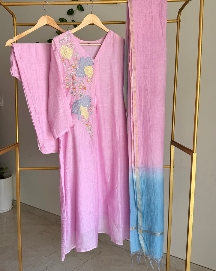 Pure Banaras Chanderi Pink A-Line Suit Set