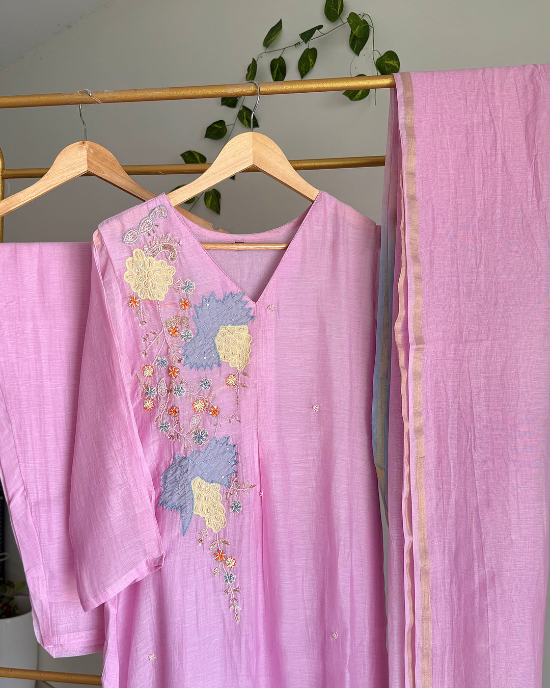 Pure Banaras Chanderi Pink A-Line Suit Set