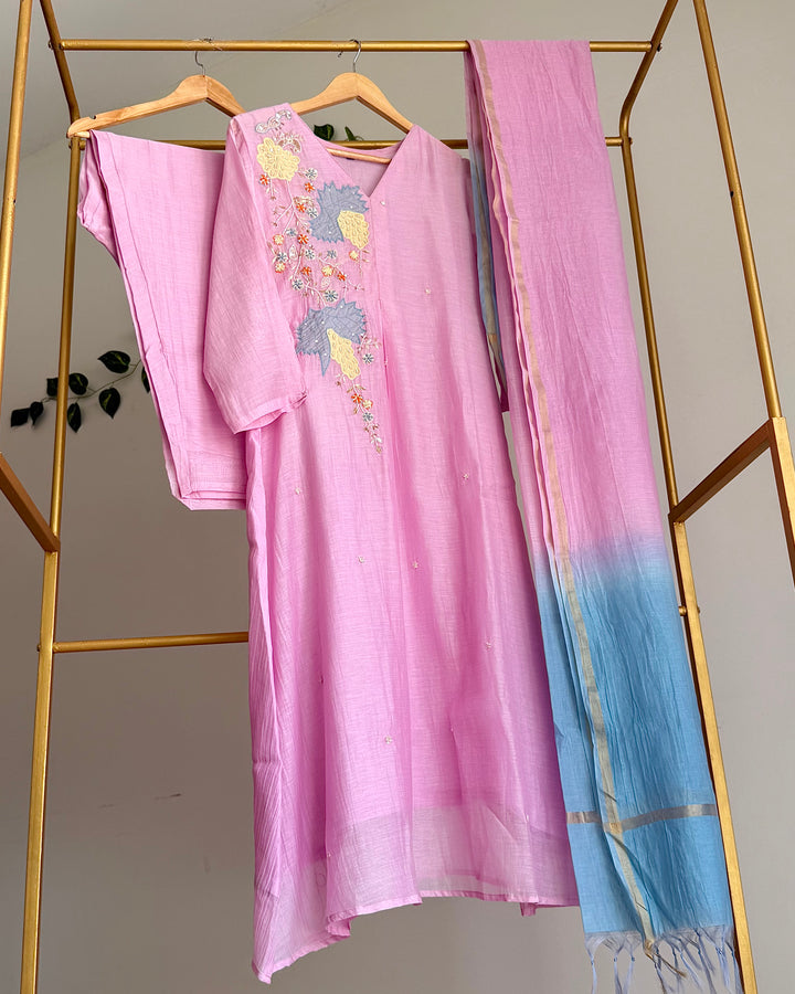 Pure Banaras Chanderi Pink A-Line Suit Set
