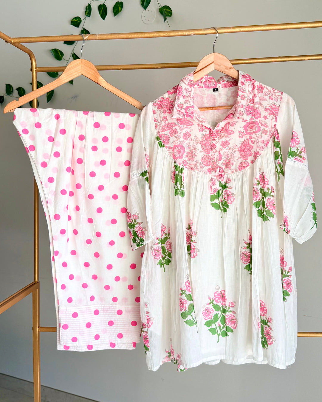 White Floral Pink Mul Cotton Co-ord Set with Farshi Pants