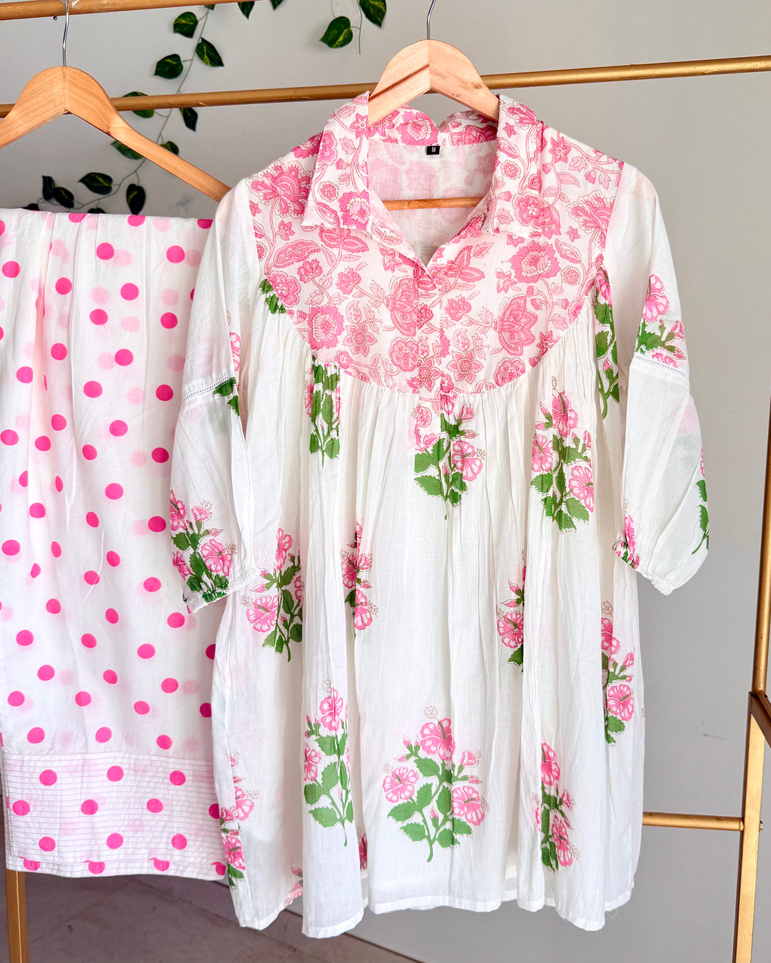 White Floral Pink Mul Cotton Co-ord Set with Farshi Pants