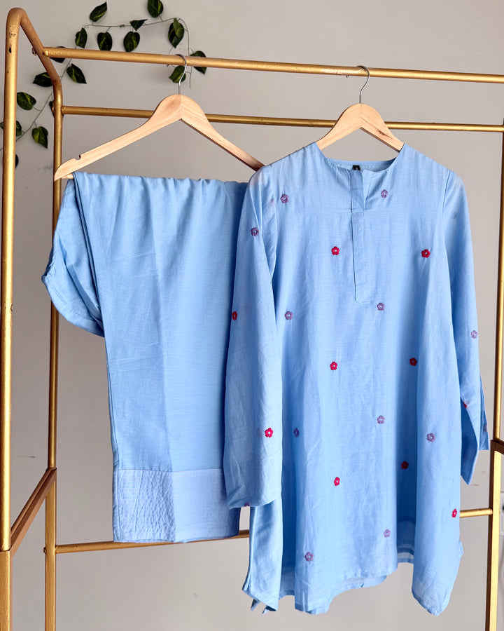 Pure Mul Cotton Powder Blue Farshi Coord Set