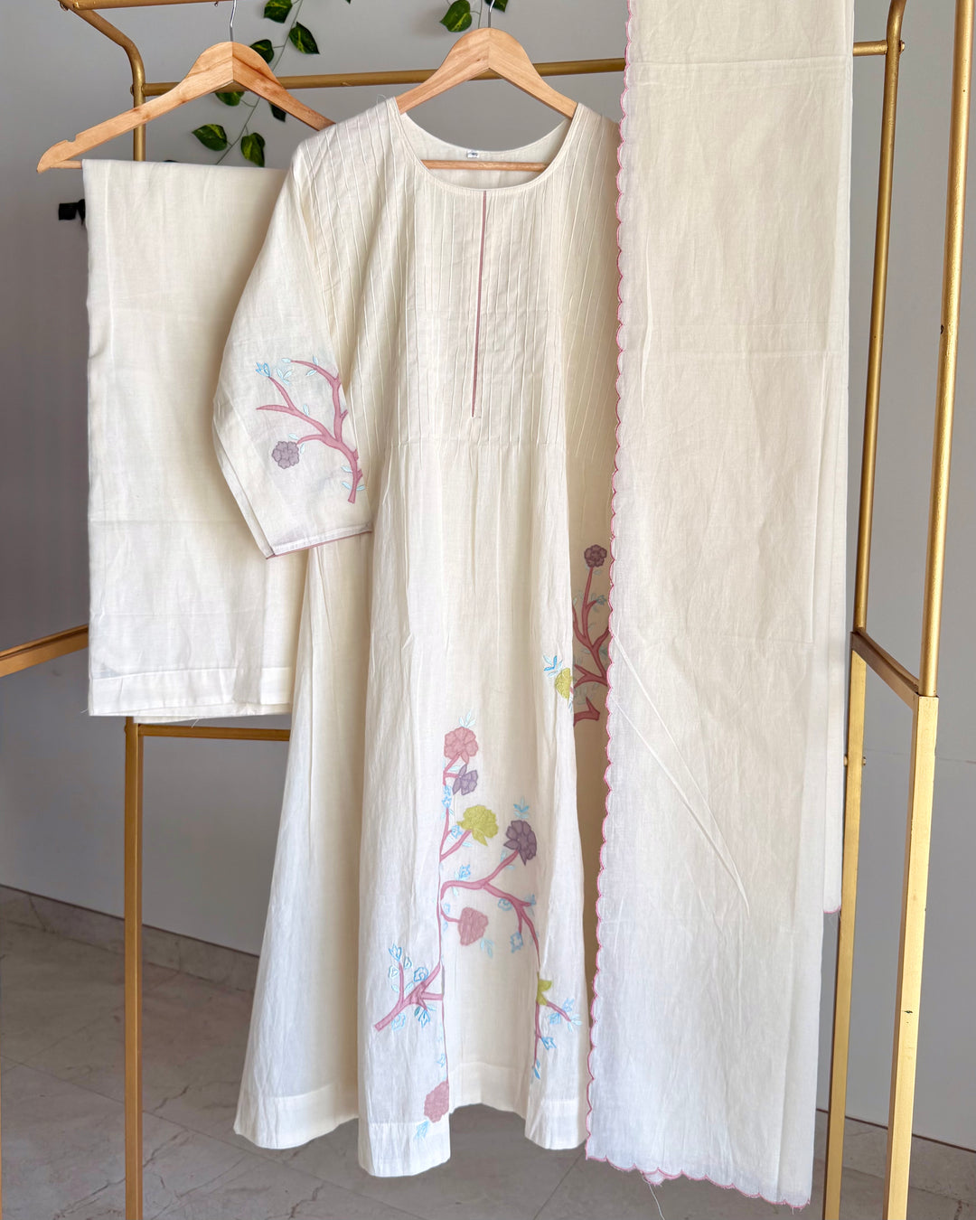 Cream Pure Cotton Pastel Aesthetic Applique Embroidered Suit