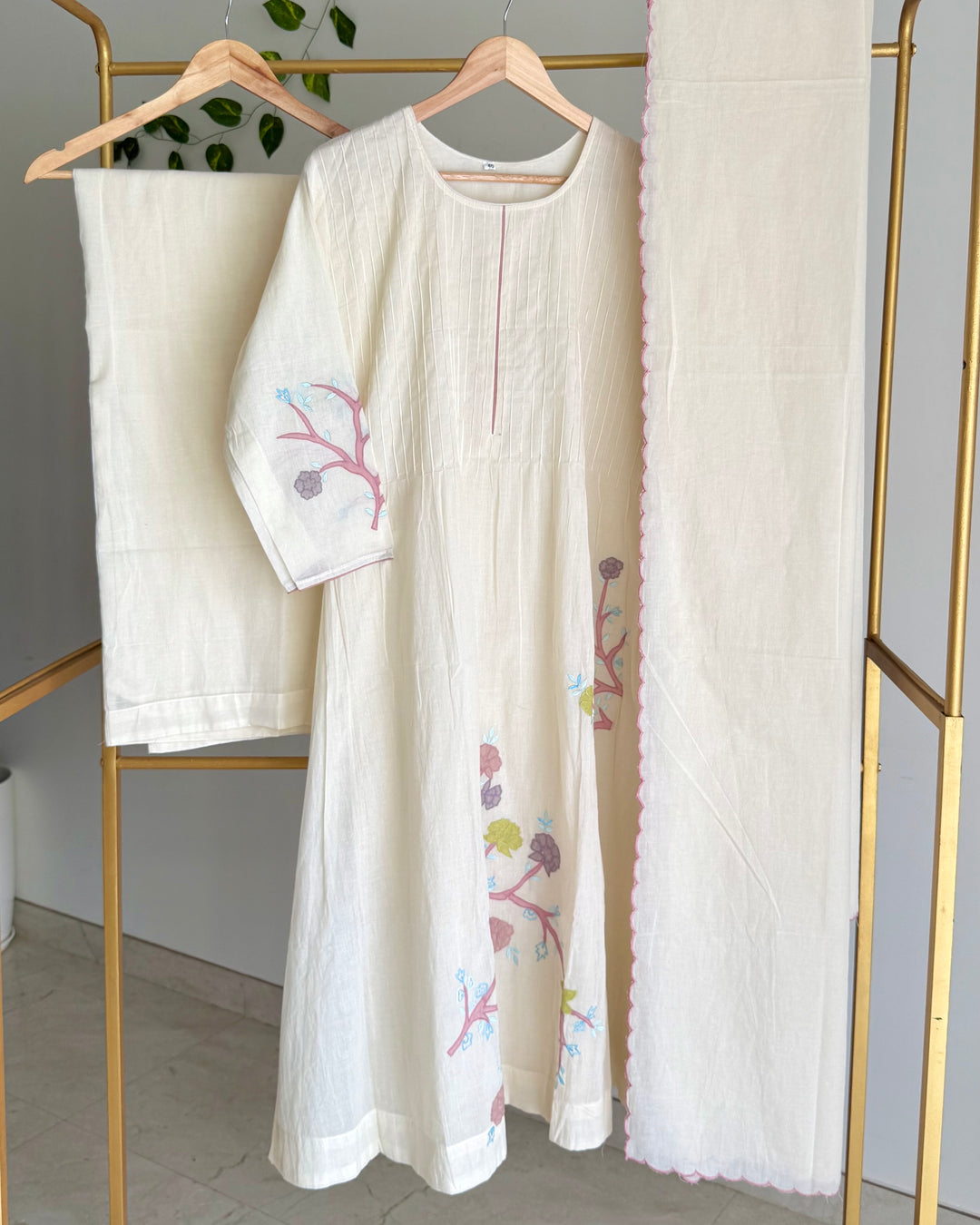 Cream Pure Cotton Pastel Aesthetic Applique Embroidered Suit