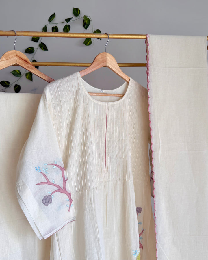 Cream Pure Cotton Pastel Aesthetic Applique Embroidered Suit