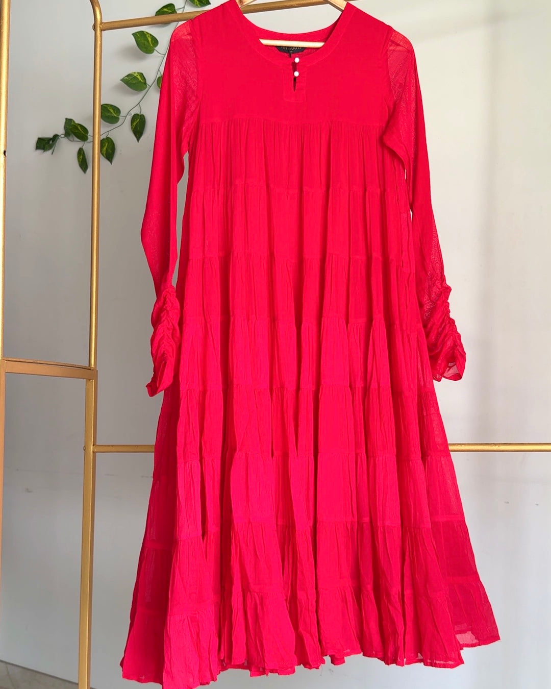 Red Flared Tiered Dress with Churidar Sleeves