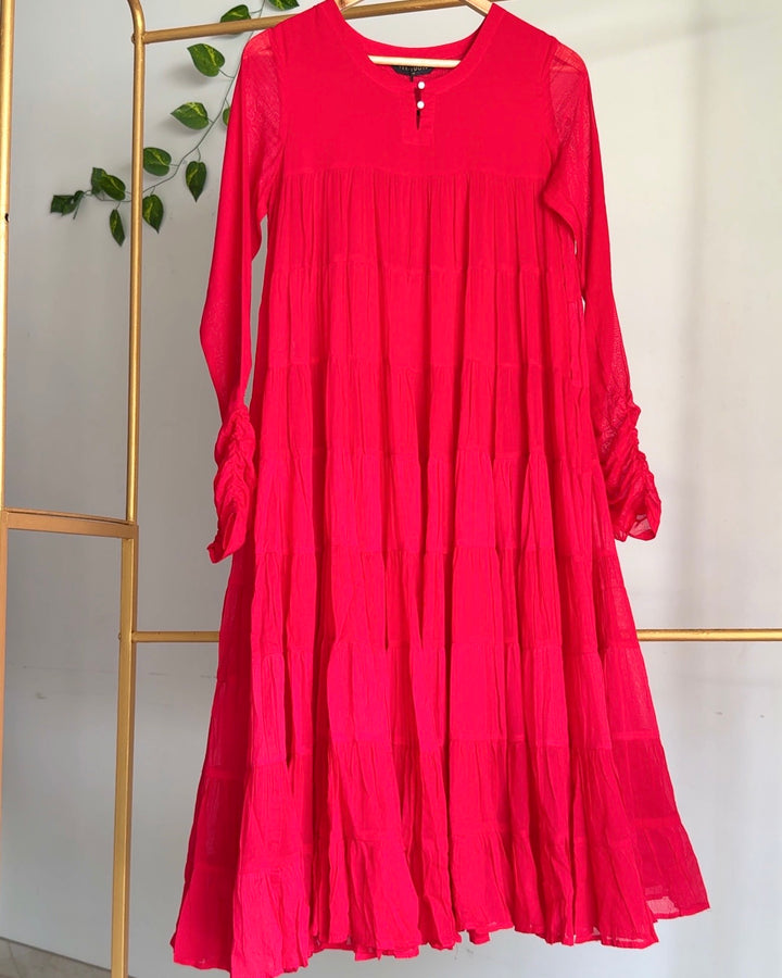 Red Flared Tiered Dress with Churidar Sleeves
