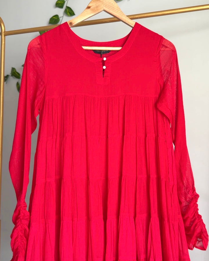 Red Flared Tiered Dress with Churidar Sleeves