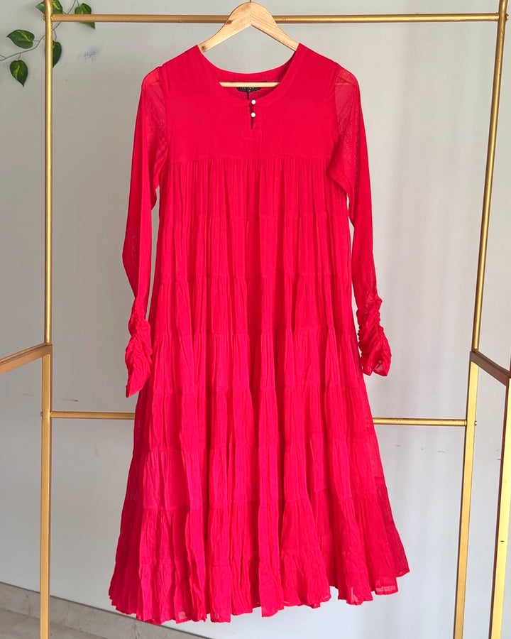 Red Flared Tiered Dress with Churidar Sleeves