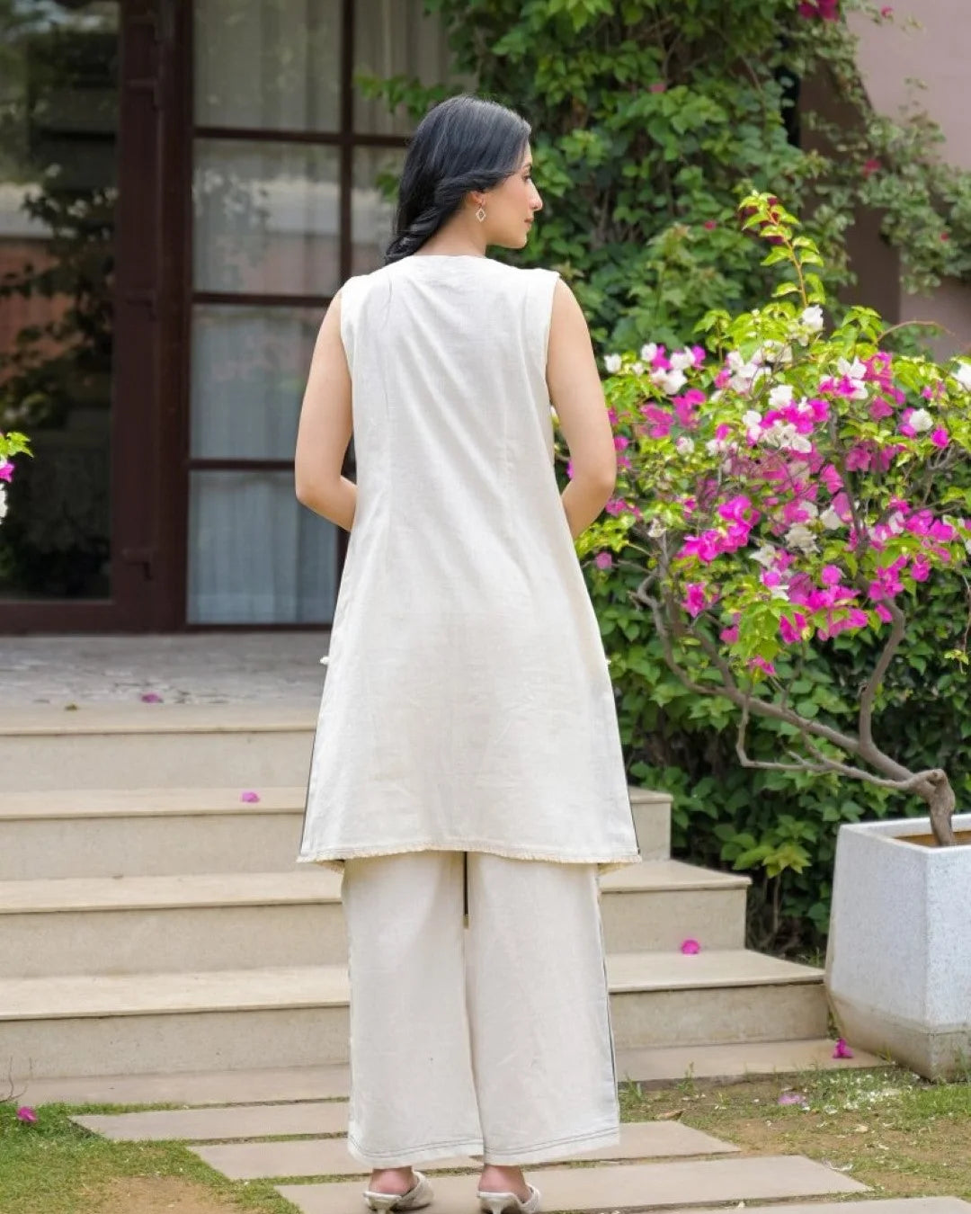 Cream Brick Red Buttoned Flex Cotton Co-ord Set