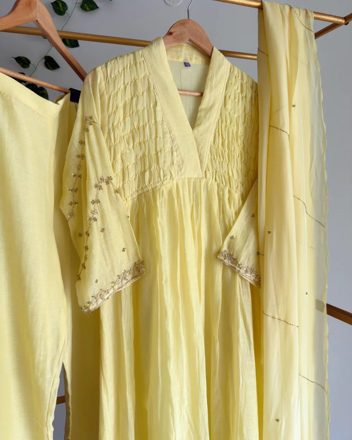Lime Yellow Pure Banaras Chanderi Smoky Zari Embroidered Suit