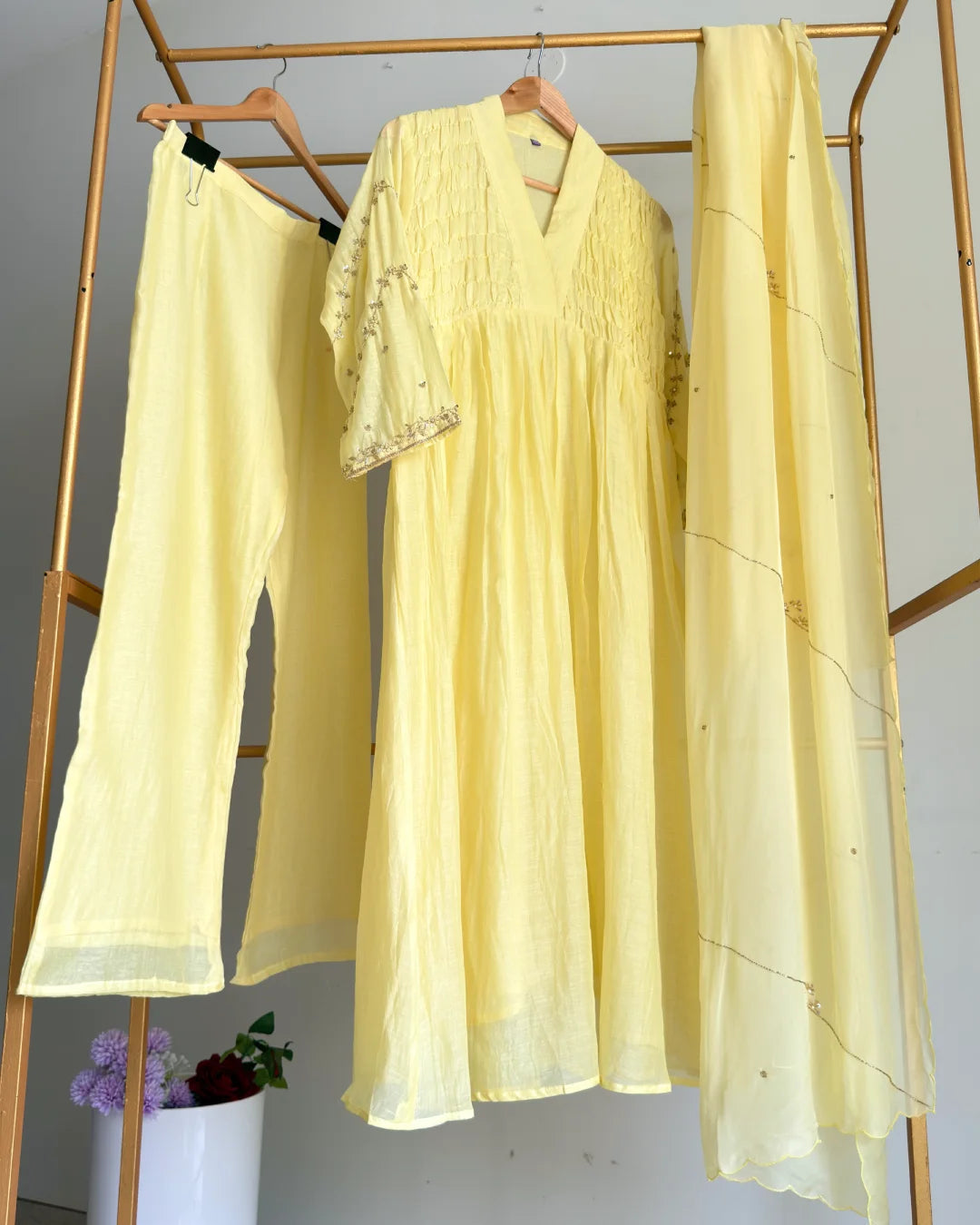 Lime Yellow Pure Banaras Chanderi Smoky Zari Embroidered Suit
