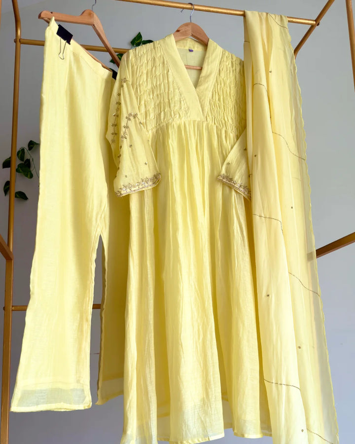 Lime Yellow Pure Banaras Chanderi Smoky Zari Embroidered Suit
